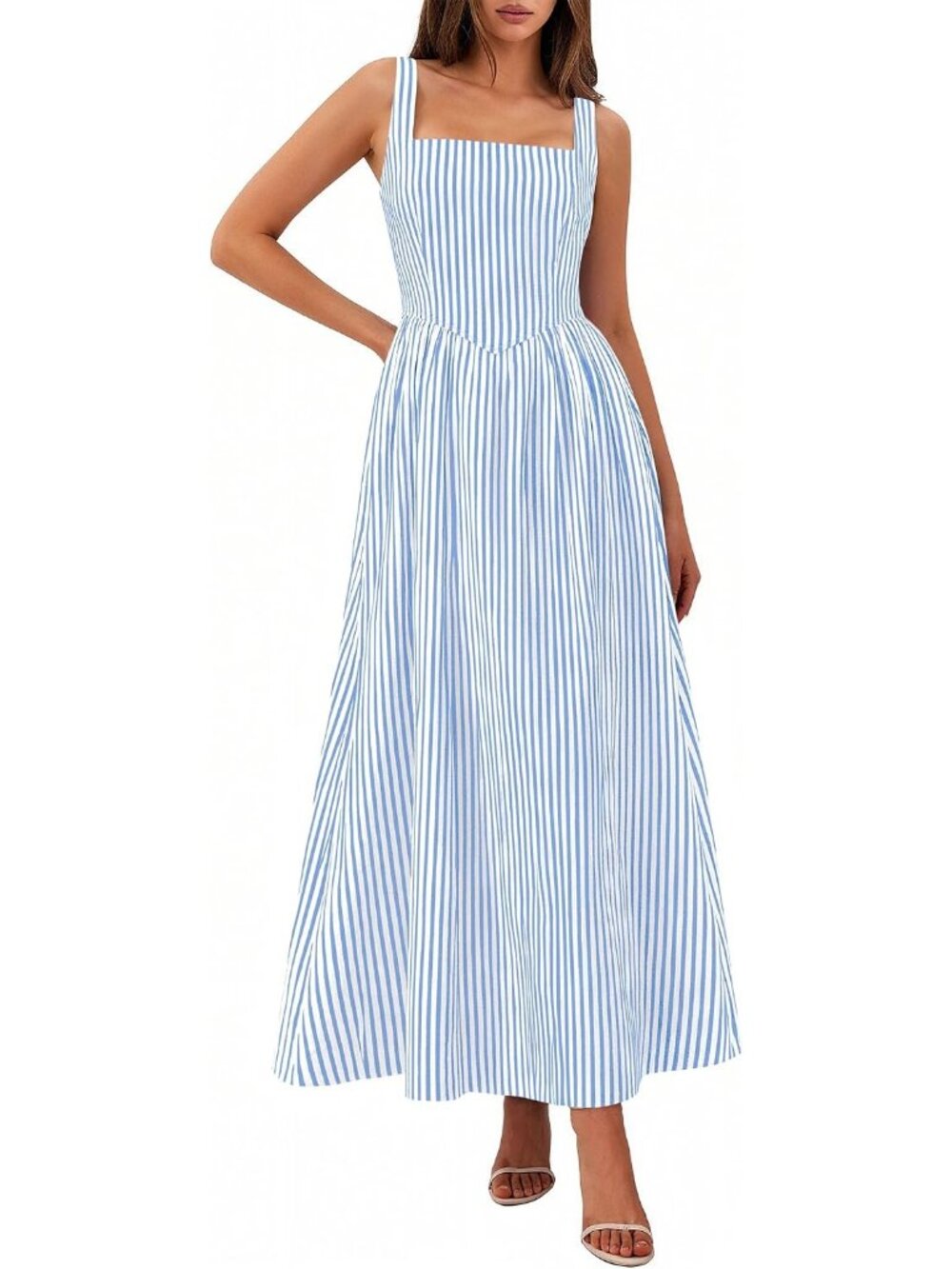 Women's Blue Striped Sundress Summer Sleeveless Square Neck Pockets Maxi Dress